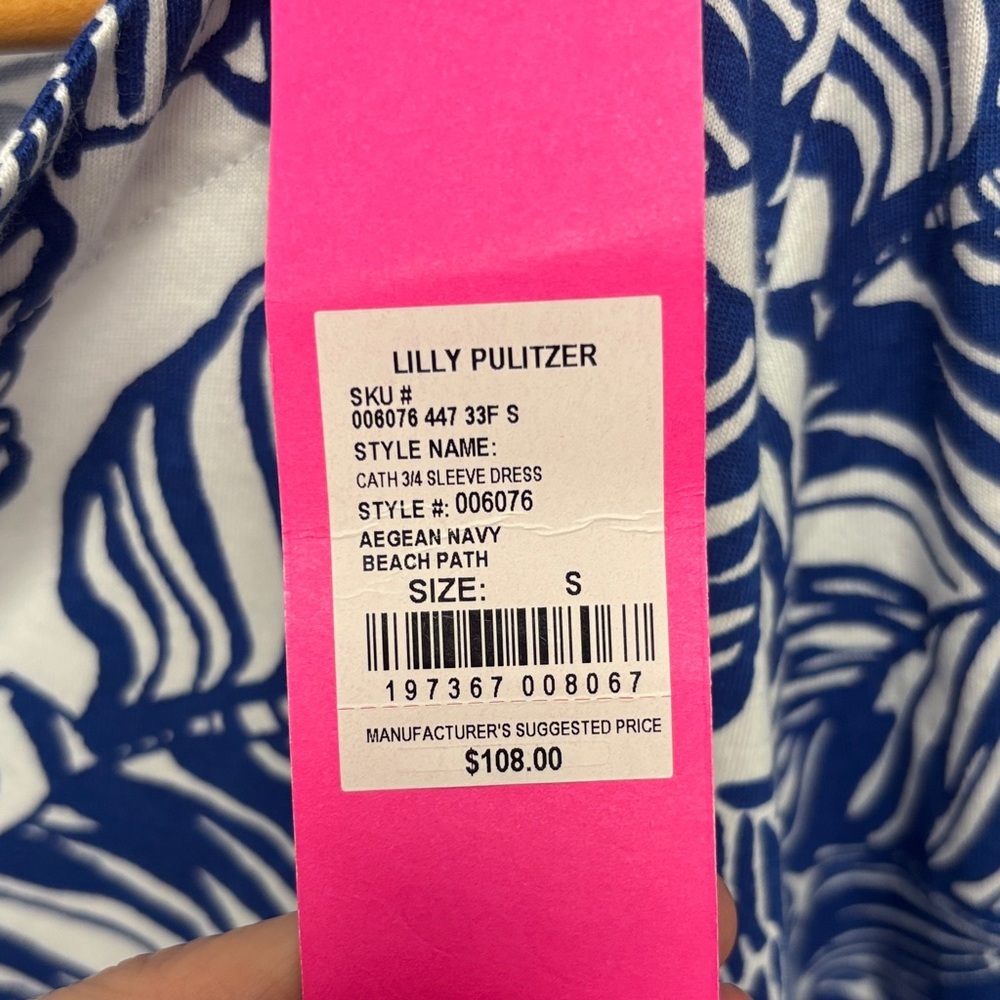 NWT Lilly Pulitzer Sz S Aegean Navy Beach Path Cath Dress Easy Fit 3/4 Sleeves - Picture 5 of 11